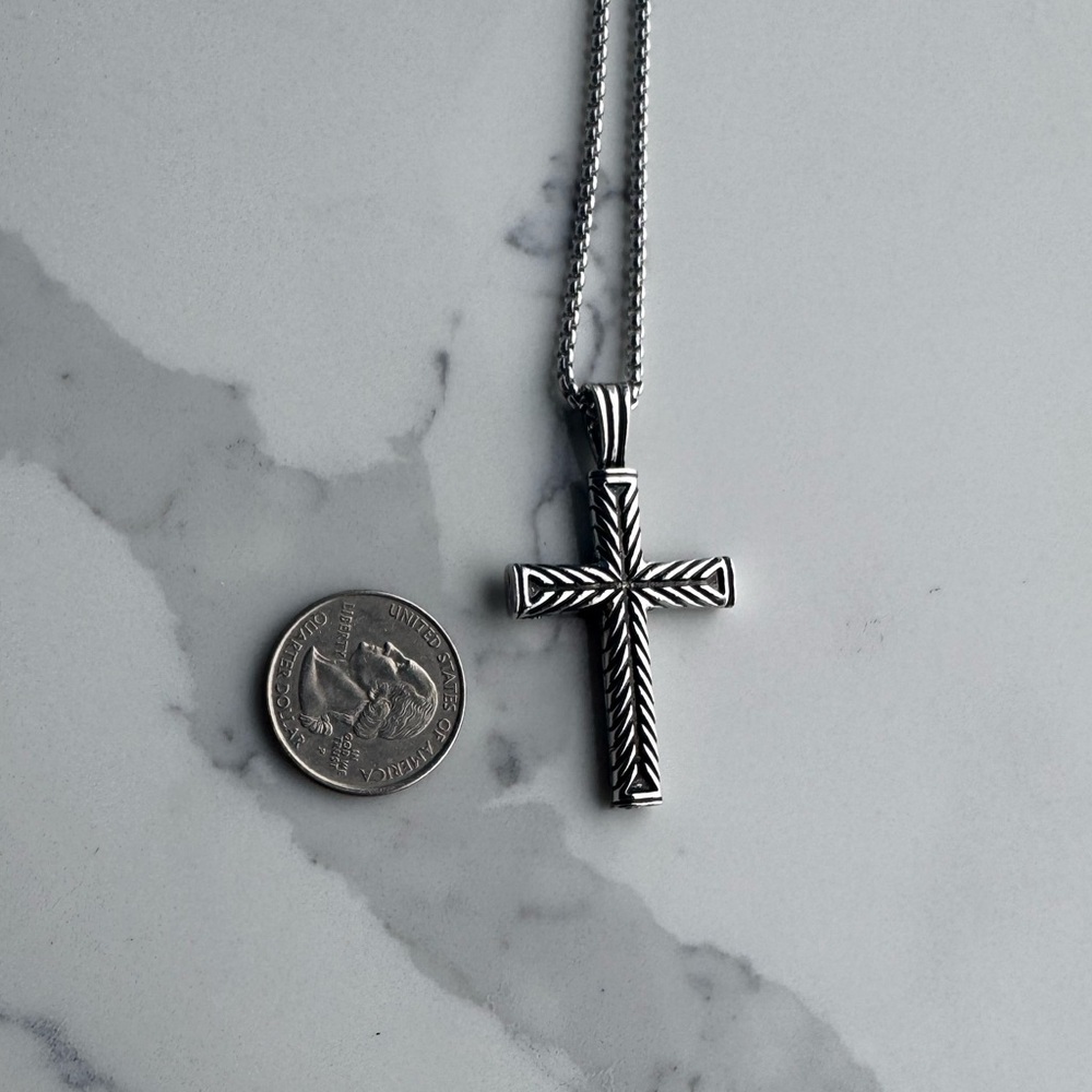 ✝️ 24” Yurman Style Sterling Silver Cable Cross Pendant Necklace Chain New 🔥 - Picture 2 of 3